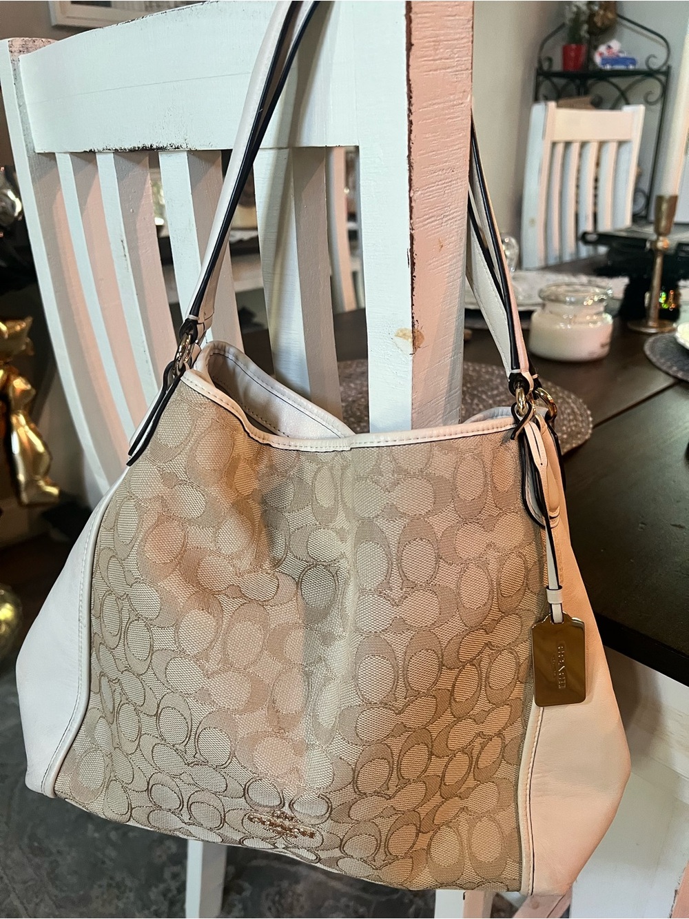 Coach Signature Edie Shoulder Bag with Light Khaki & Chalk Trim
